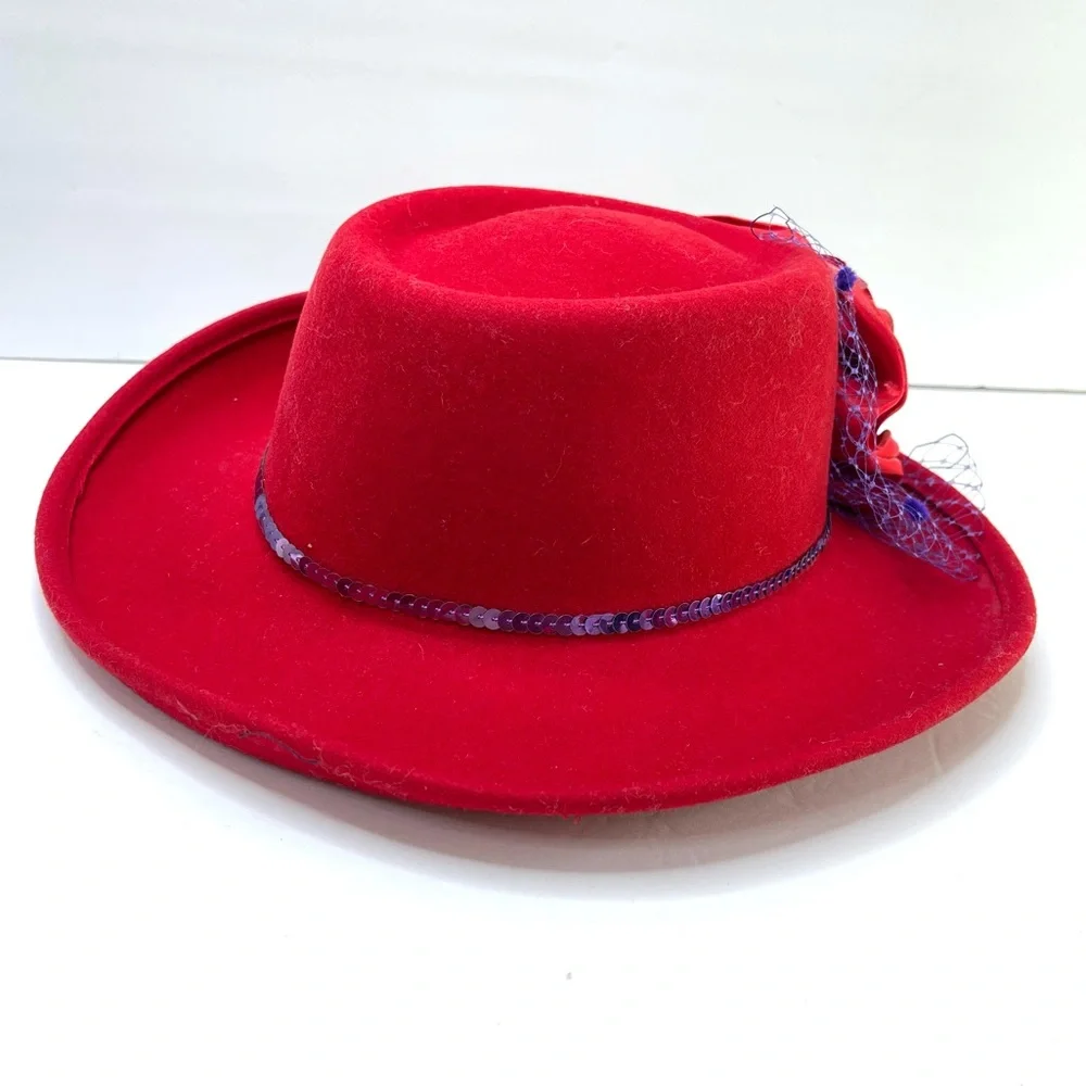 VINTAGE 100% Wool Hat Red With Purple Sequin Trim & Flower Detail - Picture 2 of 7